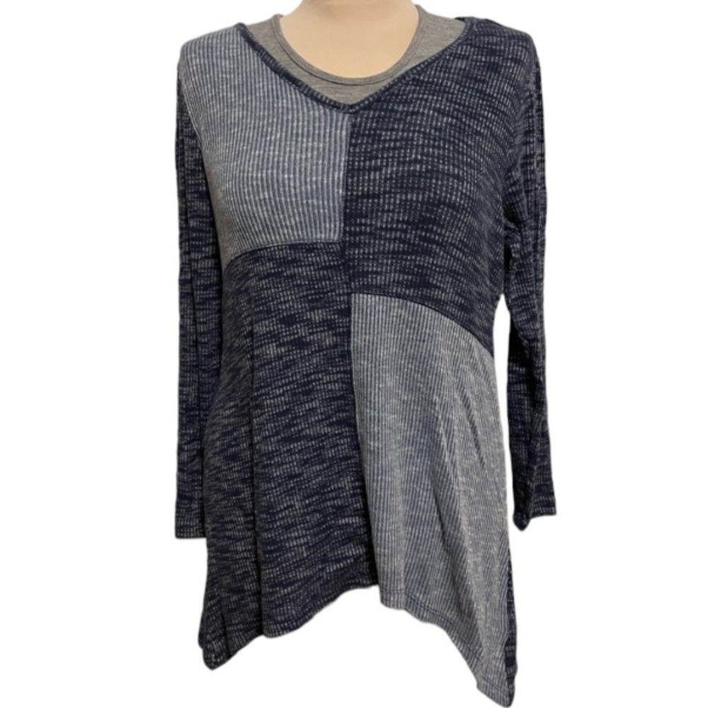 Style & Co Blue Geometric V Neck Sweater Asymmetrical Hem Size Small